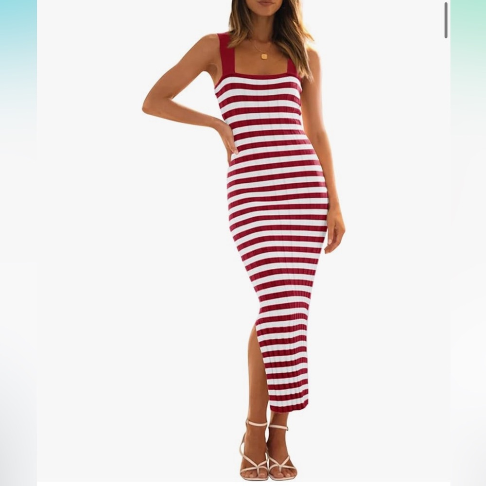Striped Knit Bodycon Midi Dress Square Neck Side Slit Tank Ribbed Sweater Dress